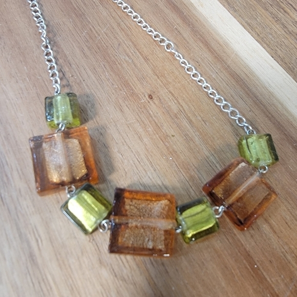 Fall Colors Art Glass Necklace Green Rusty Orange Square Rectangles - Picture 9 of 13